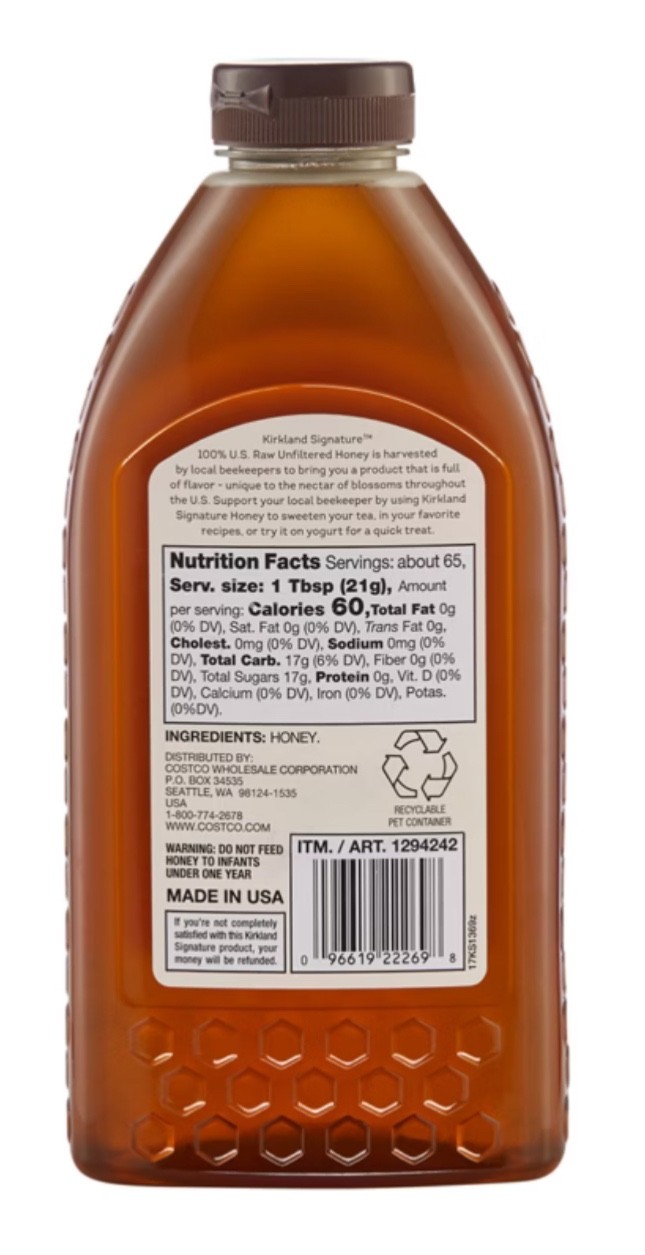 Kirkland 100% U.S. Raw Unfiltered Honey 3 lbs Tasty Sweet Natural Tasting Spread