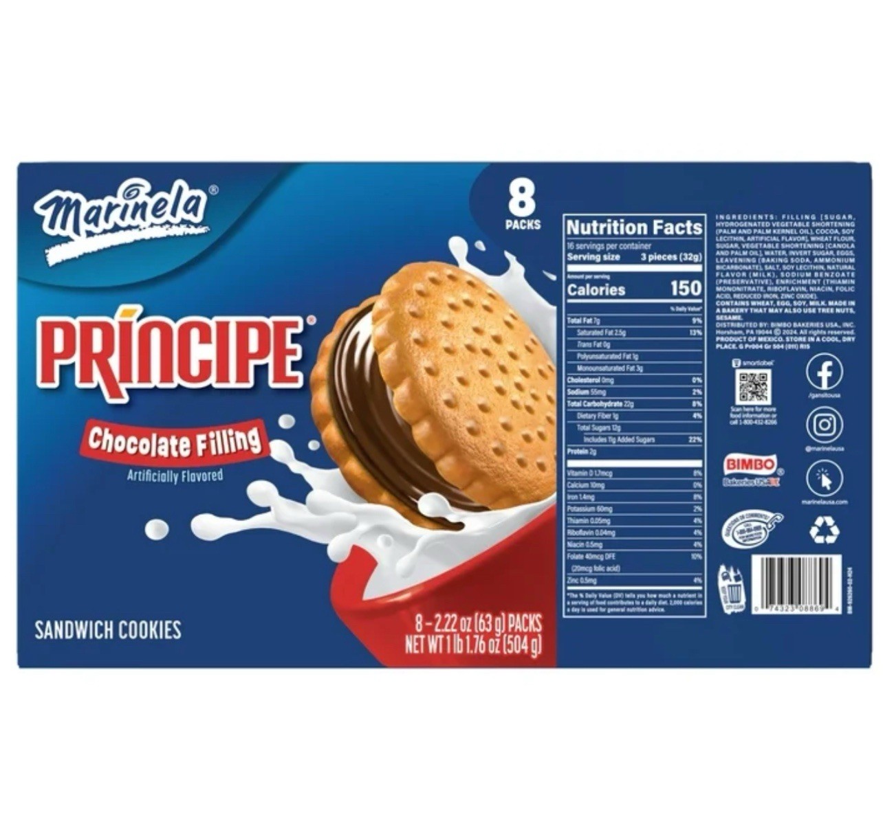 🟠 New Mexican Marinela PRINCIPE Chocolate Filling Sandwich Cookies 8-Packs 1lb