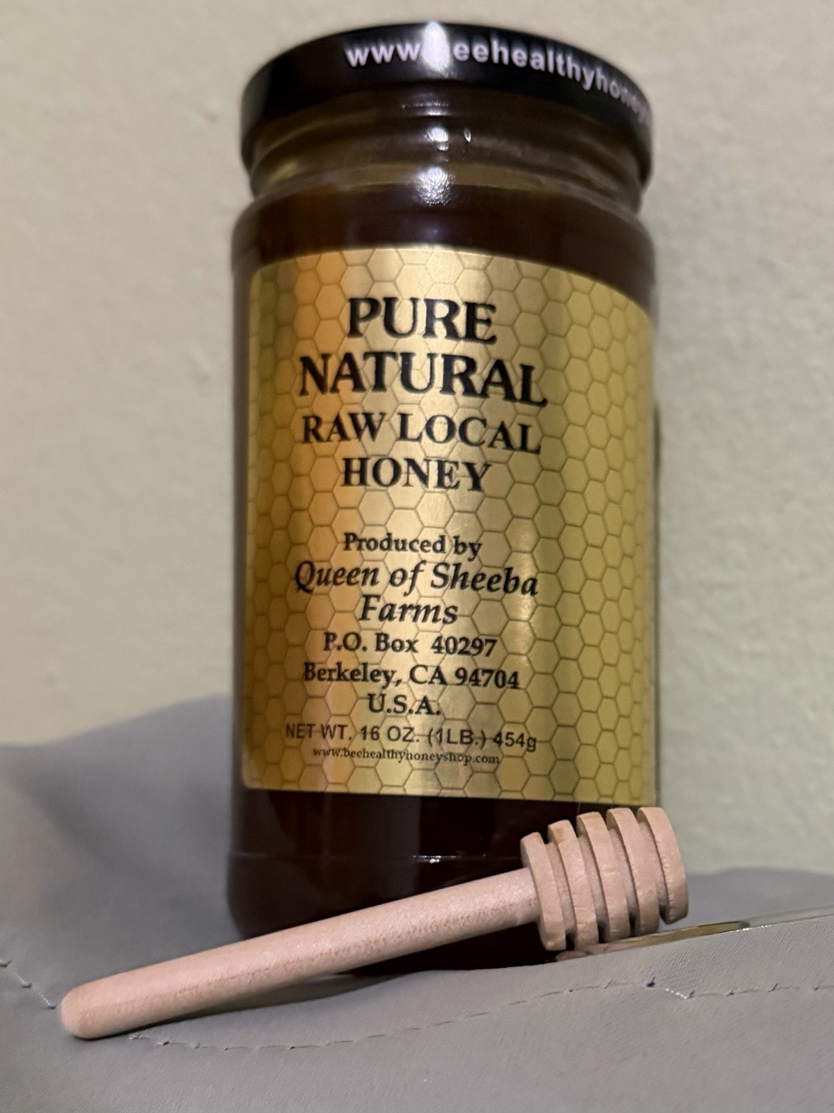 Raw Honey 1 lb (454g) Queen Of Sheeba Farms (Berkeley) W/honey Dipper Free Ship