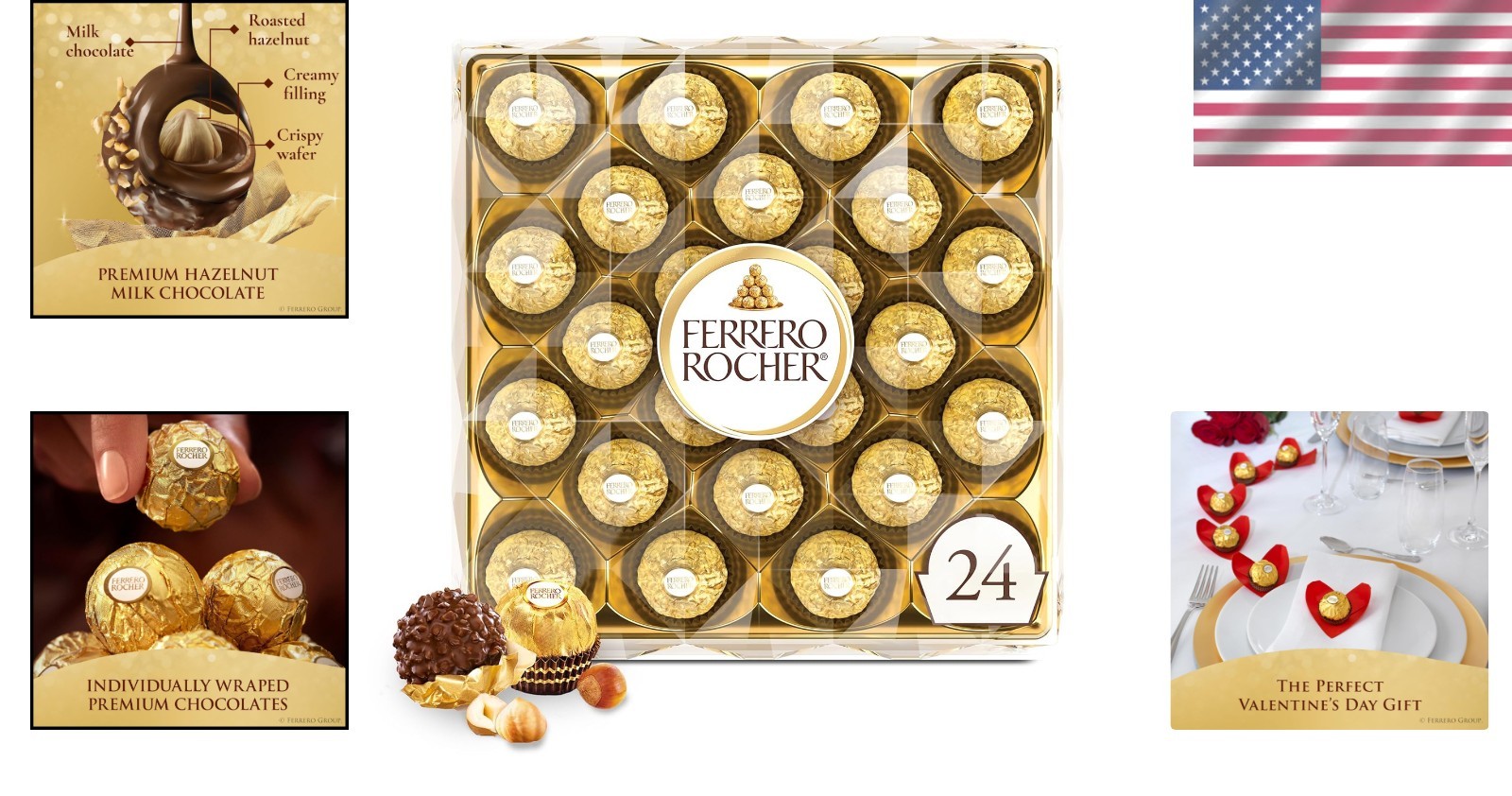 Ferrero Rocher, Milk Chocolate Hazelnut Gift Box 24 Pieces Individually Wrapped