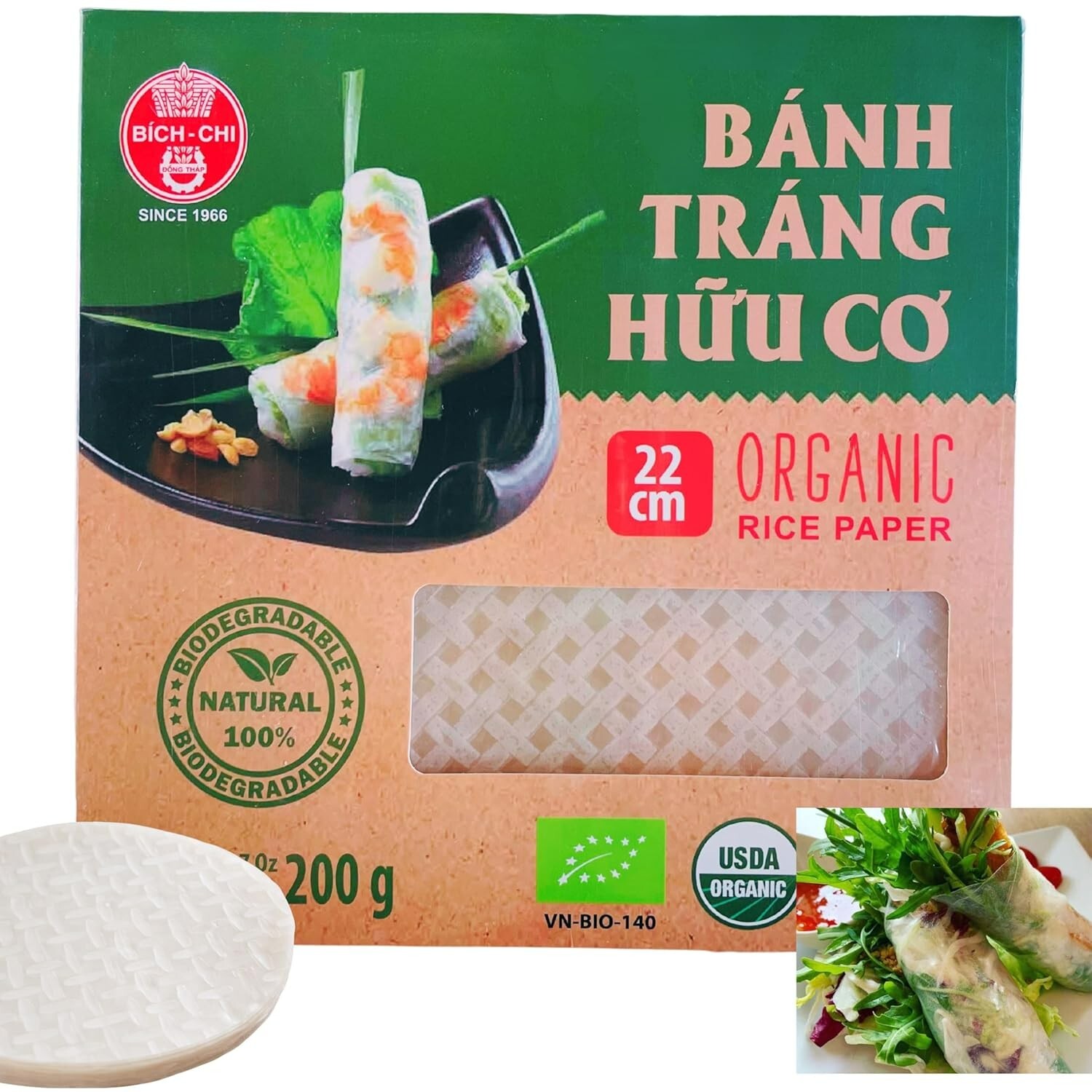200G Organic Vietnamese Rice Paper Wrappers Gluten-Free, Vegan, Halal (22cm)