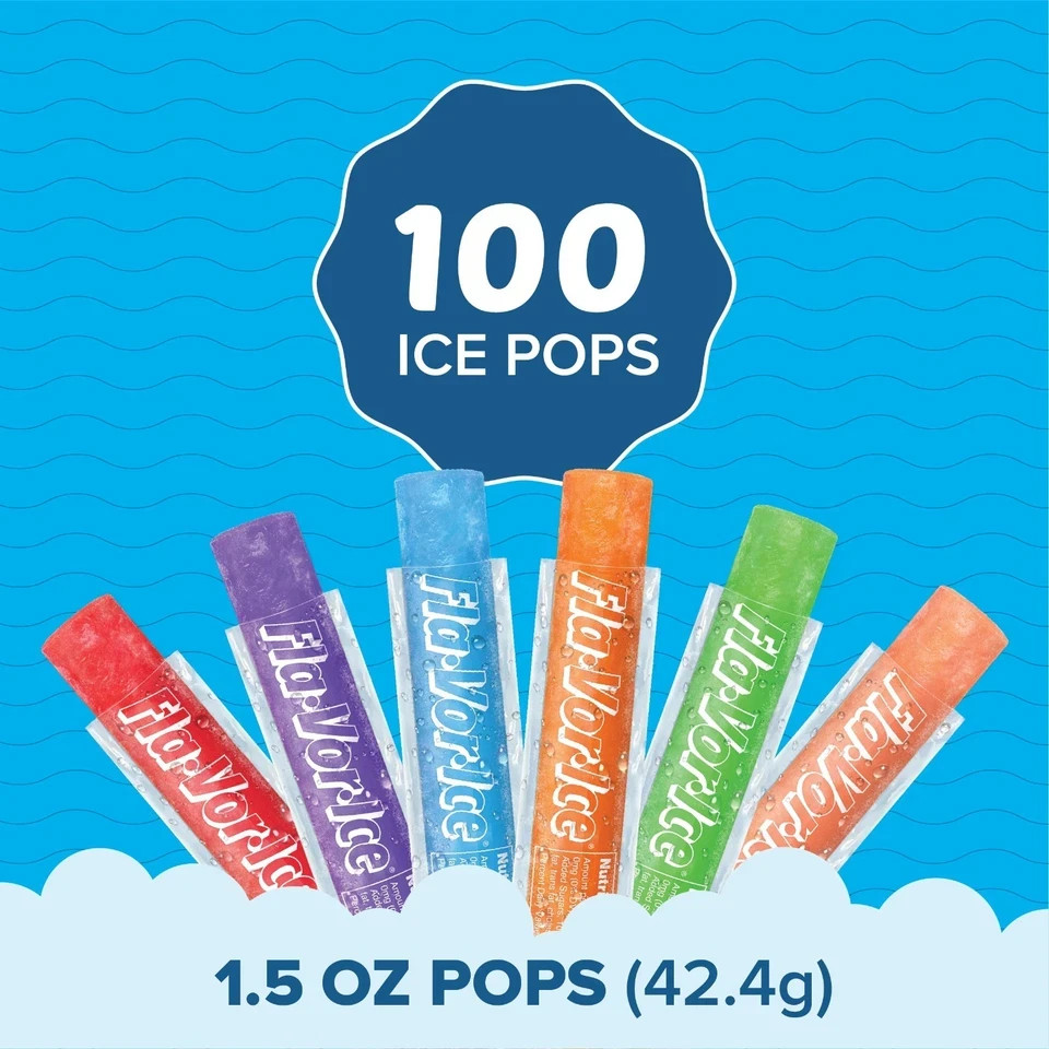 Fla-Vor-Ice Assorted Gluten Free Freezer Fruit Ice Pops, 1.5 oz, 100 Count.