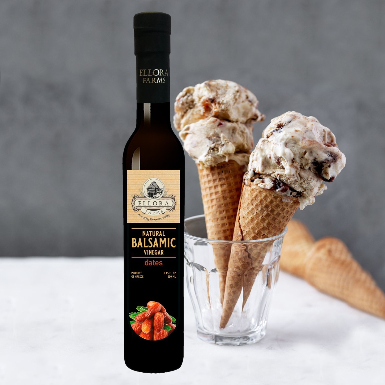 Dates Infused Greek Balsamic Vinegar, Barrel Aged & Thick, Glass Bottle, 8.45 oz