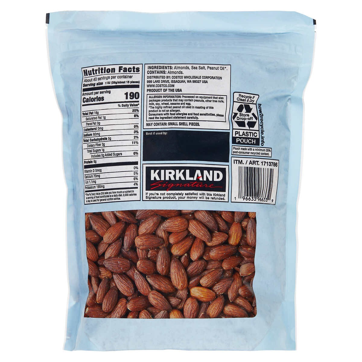 Kirkland Signature Roasted Almonds With Sea Salt, 2.5 lbs