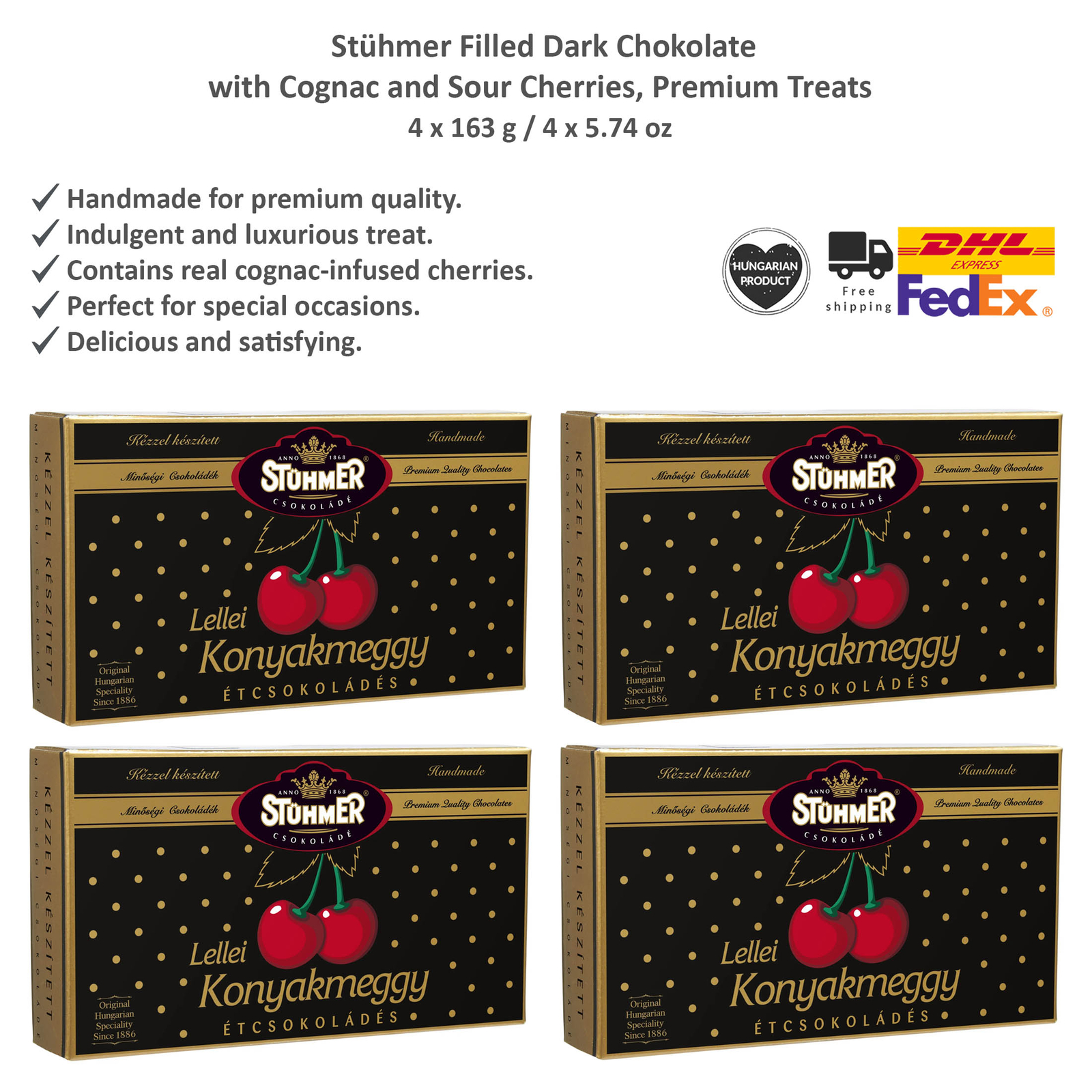 Stühmer Filled Dark Chocolate with Cognac & Sour Cherries, Premium Treats 163gx4