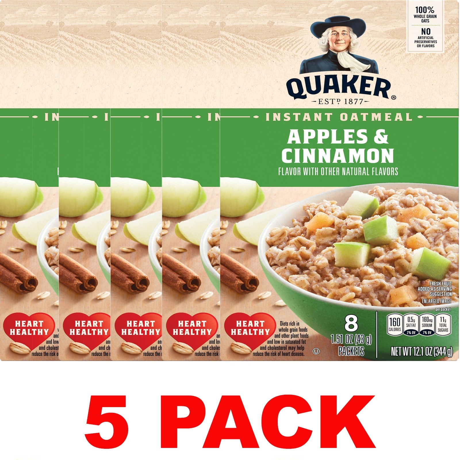 QUAKER Apples & CINNAMON Instant Oatmeal Whole Grains – 12.1 oz Box – 5 PACK
