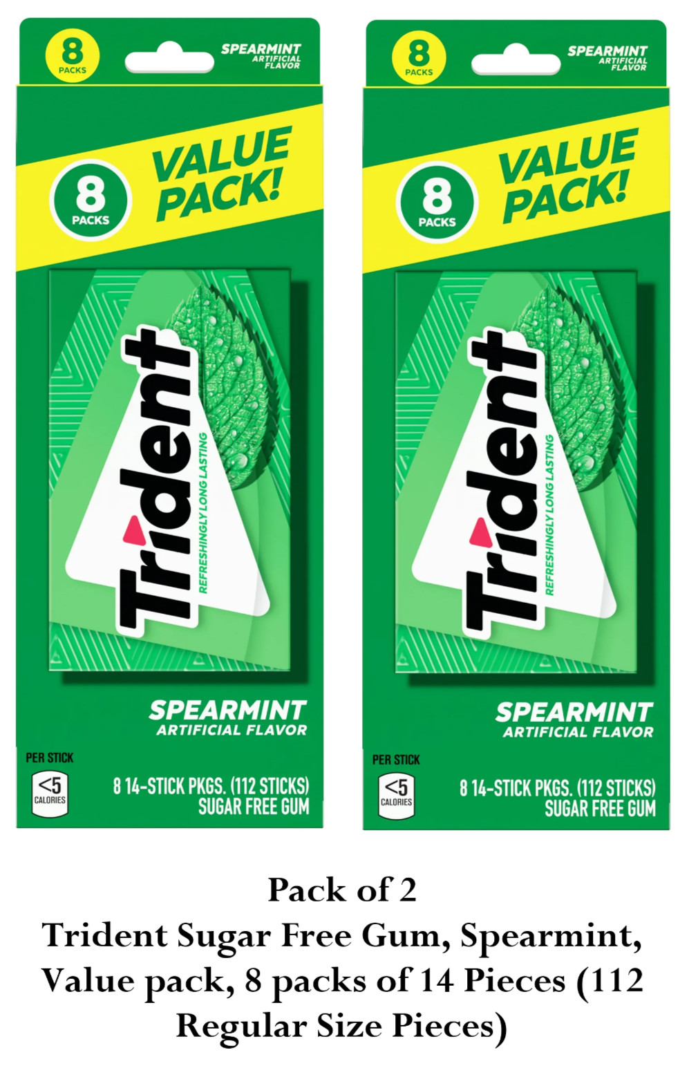 Trident Sugar Free Gum, Spearmint, Value pack 16 packs of 14 Pieces(112 Regular)