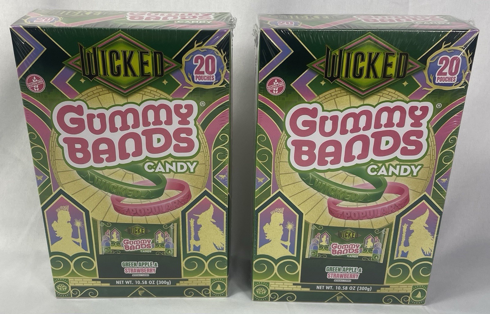 WICKED Gummy Bands Candy Lot of 2 Boxes 40 Total Green Apple & Strawberry Bands