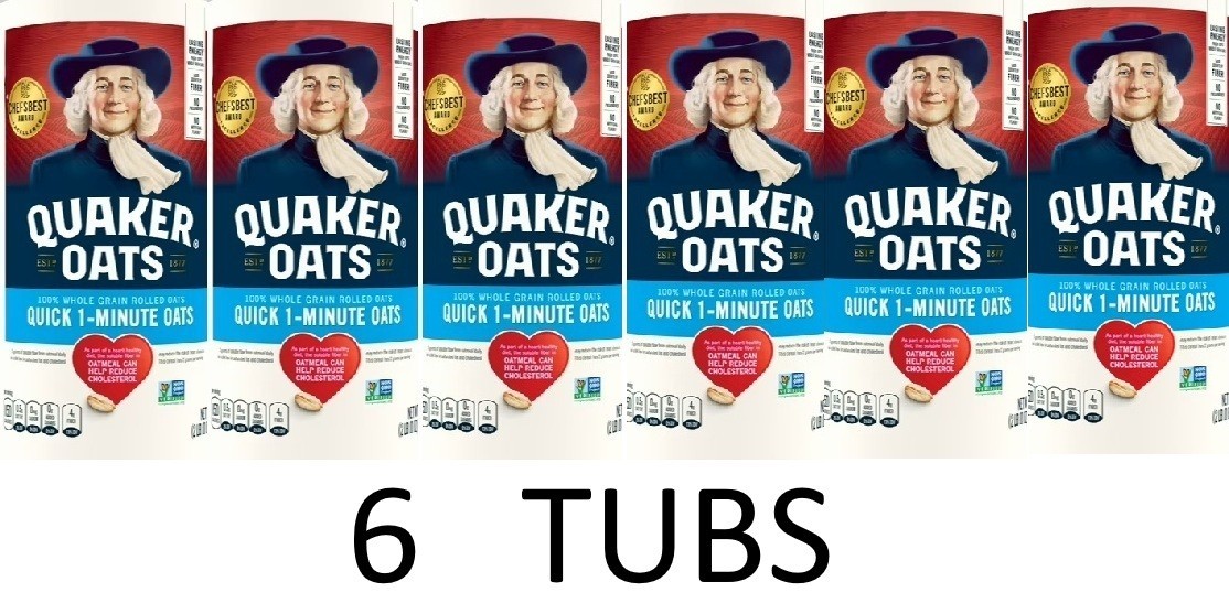 Quaker Quick 1 Minute Rolled Oats Oatmeal Quick Cook Oatmeal 42 oz Tub – 6 TUBS