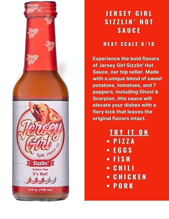 Jersey Girl Sizzlin’ 7 Pepper Scorpion, Ghost, Habanero – Low Sodium Hot Sauce