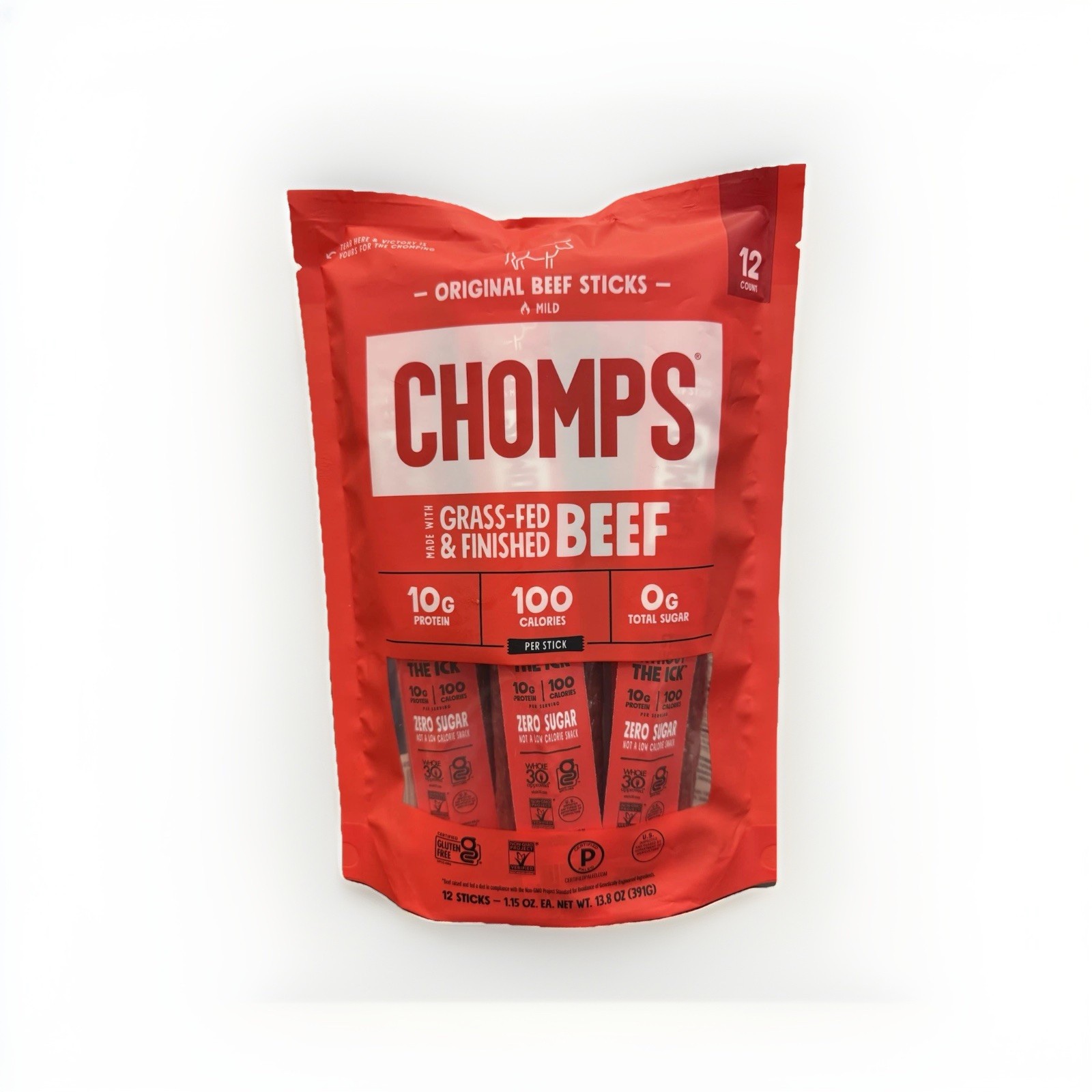 Chomps Original Beef Sticks, Mild, 12 Individually Wrapped Sticks