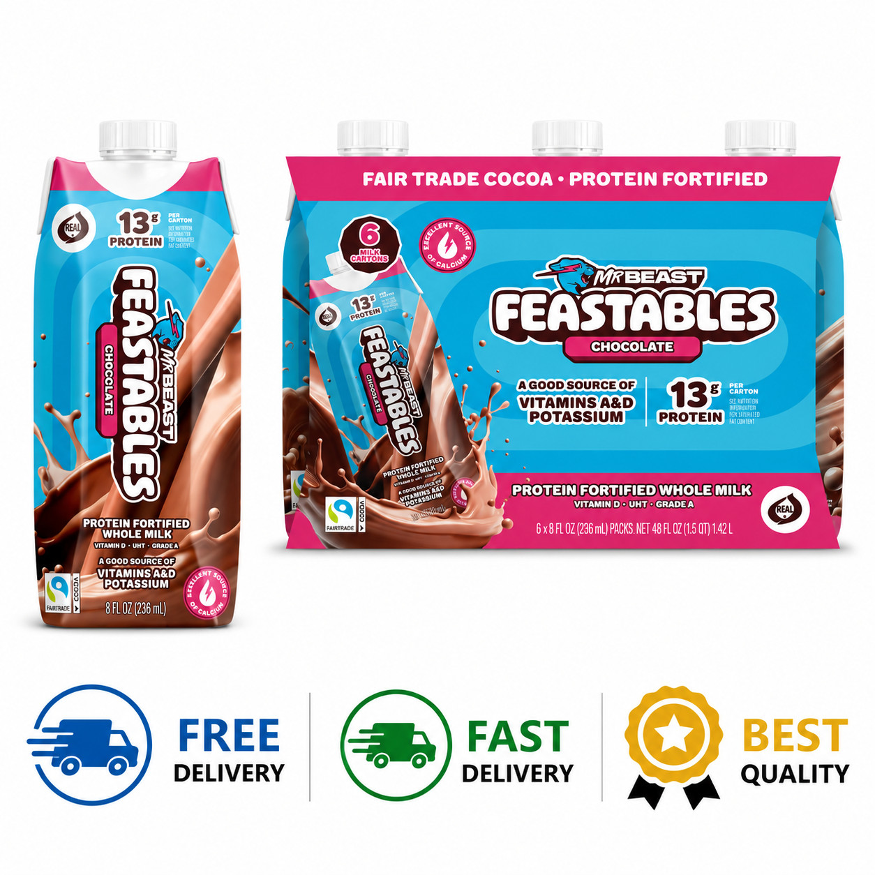 Feastables Chocolate Milk 8 fl oz 6 Pack Protein Fortified Shelf Stable