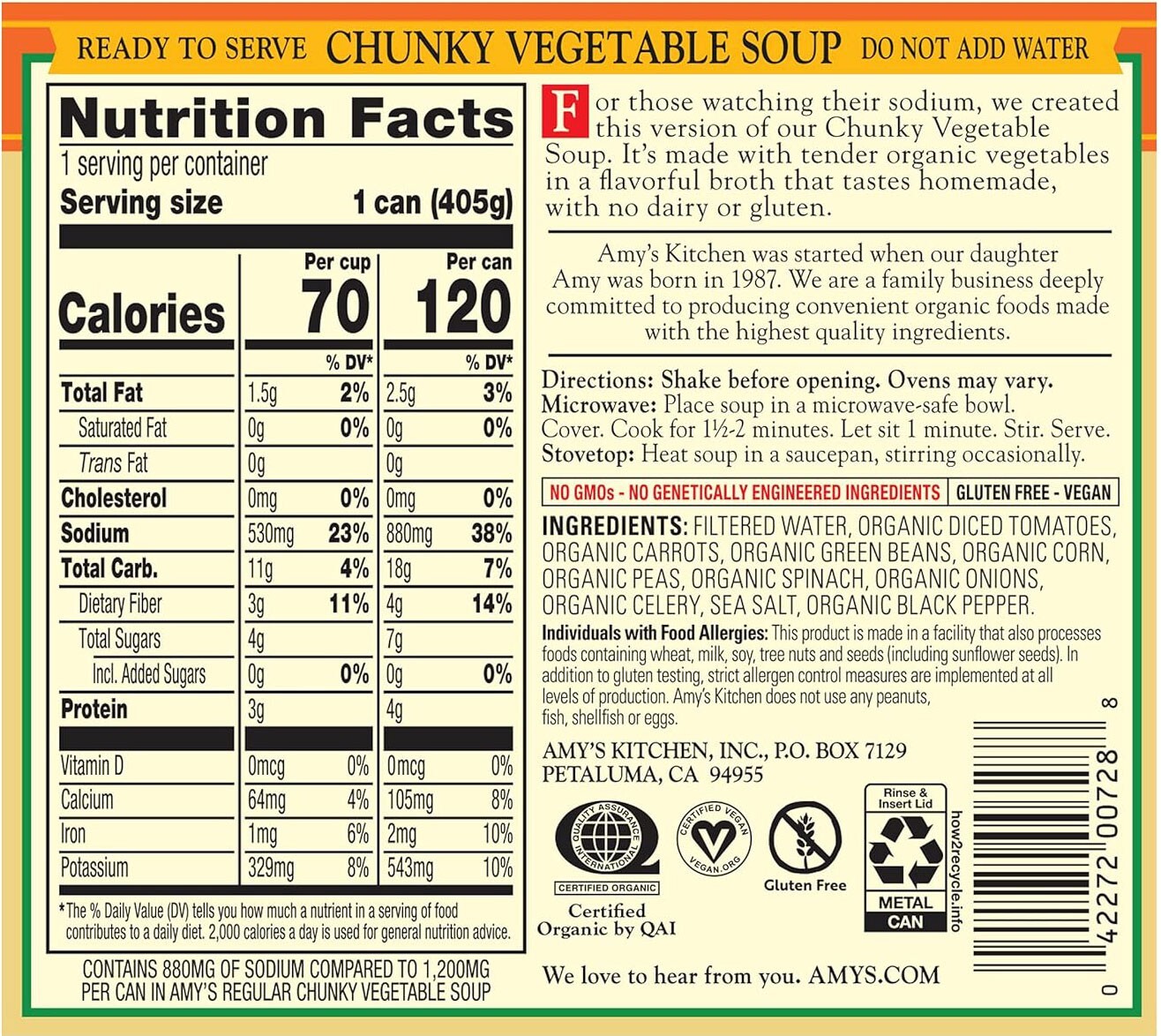 Amy’s Organic Reduced Sodium Chunky Vegetable Soup – 14.3 oz