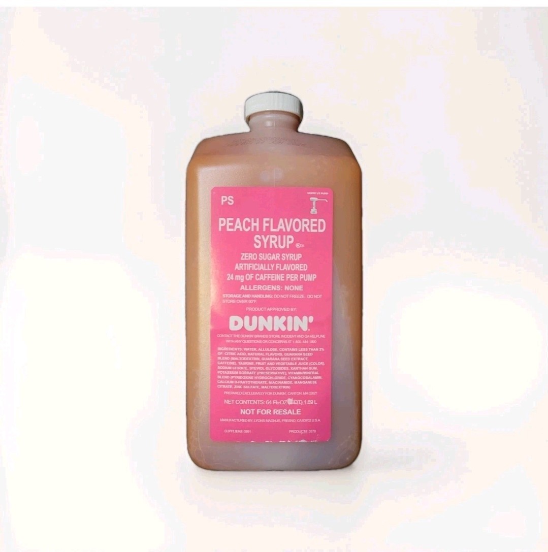 BRAND NEW DUNKIN’ DONUTS – PEACH ZERO SUGAR SYRUP 64 OZ JUG W/PUMP INCLUDED!
