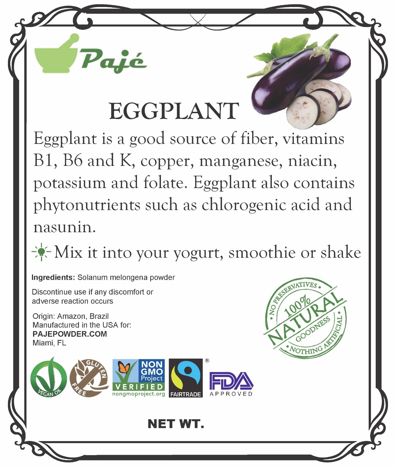 EGGPLANT POWDER 8oz – 1/2lb , digestive aid, fibers, gluten free, PAJE
