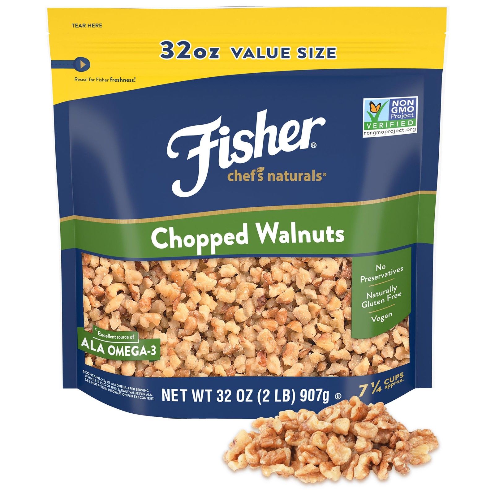 Fisher Chopped Walnuts 2 Lb, 100% California Unsalted Walnuts for Baking & Co…