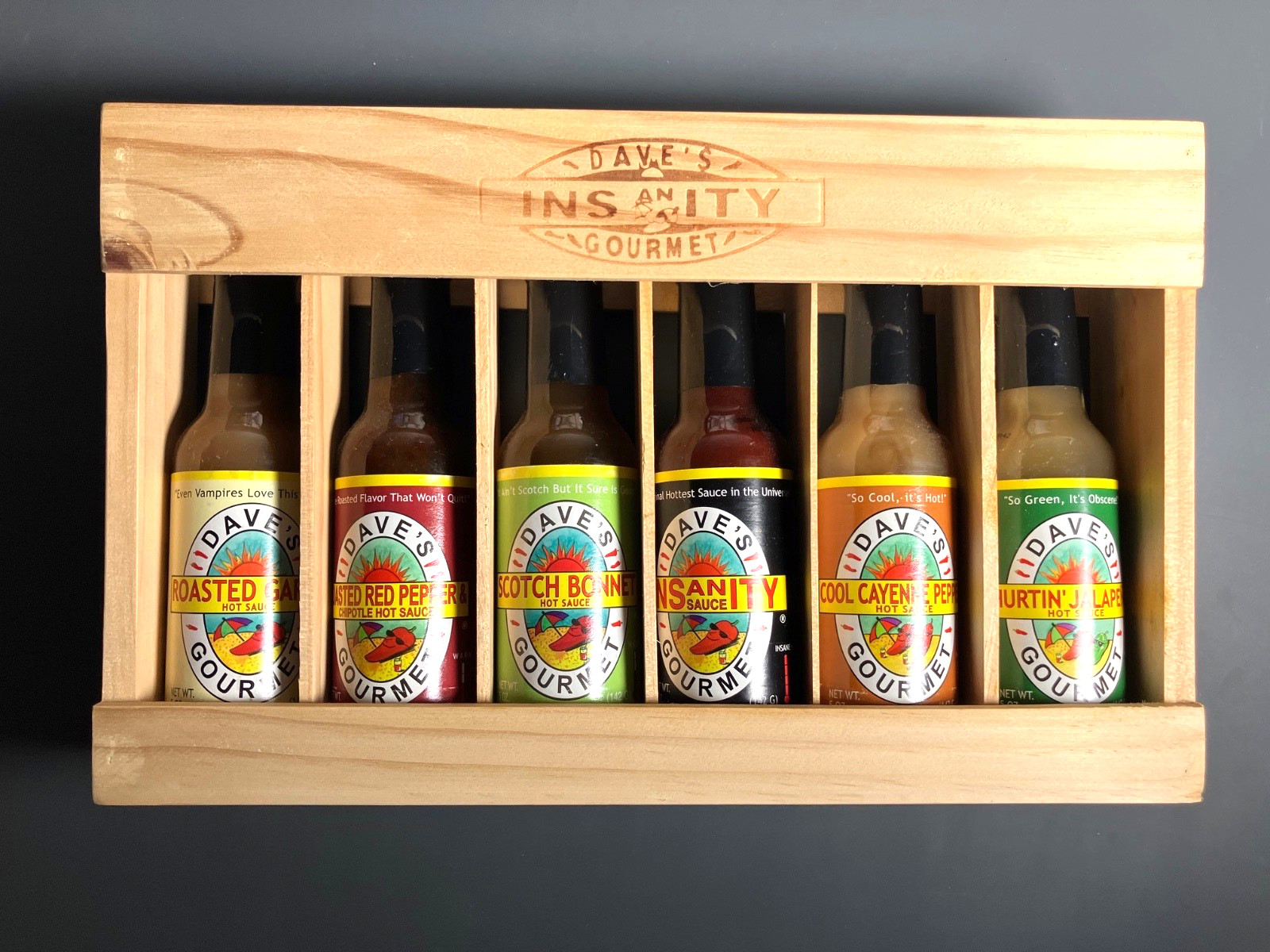 Dave’s Gourmet Insanity Scotch Bonnet Hot Sauce Variety 6-Pack Display Rack
