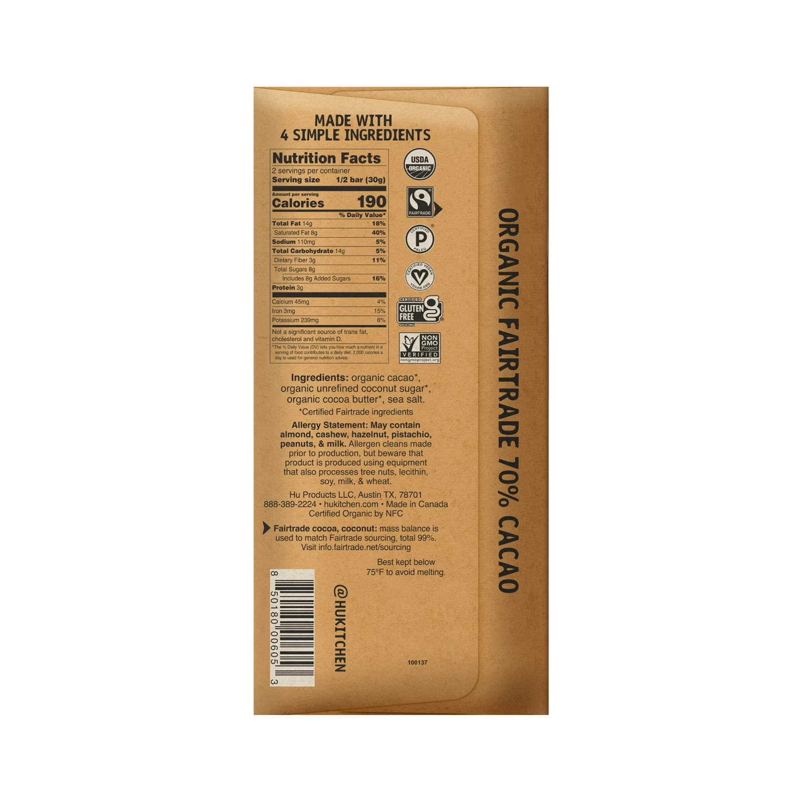 2 Pack Salty Dark Chocolate Bar, Organic 70% Cacao, Vegan & Paleo, 2.1 oz Bars