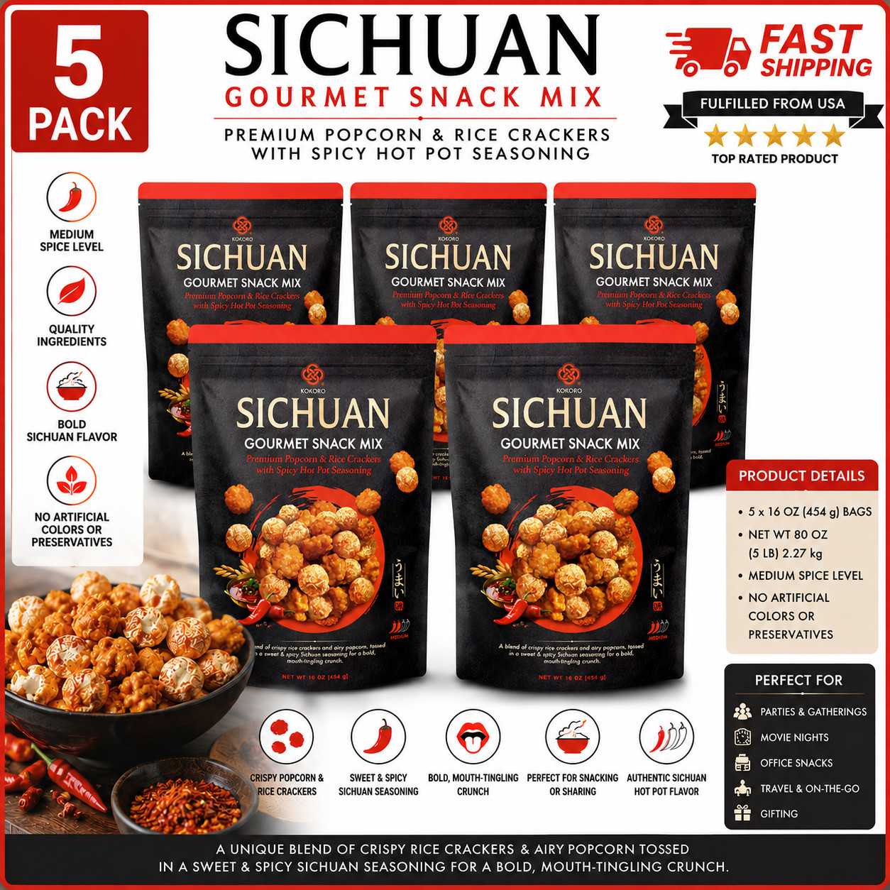 5 Pack Kokoro SICHUAN Gourmet Snack Mix with Spicy Hot Pot Seasoning 16 Oz.