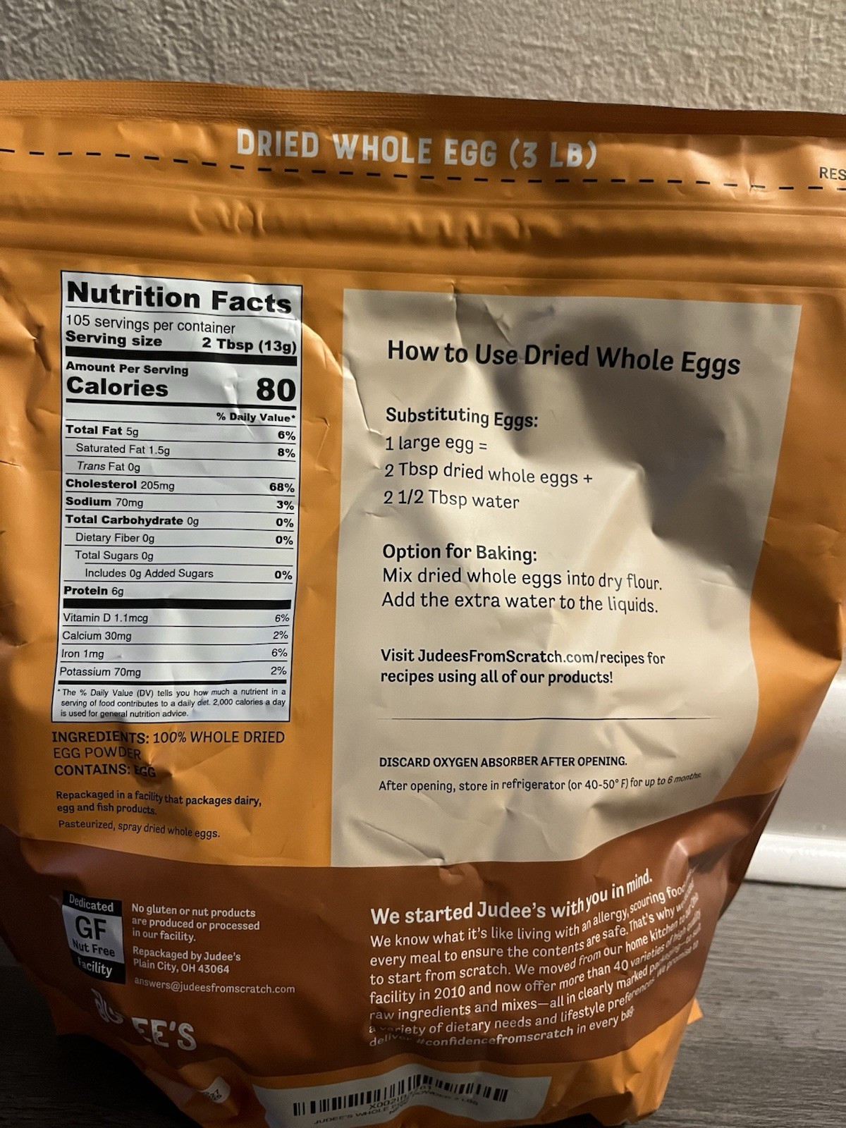 Judee’s Gluten Free Dried Whole Egg Powder 3 lbs – Baking Supplies Pack Of 2