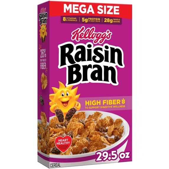 Kellogg’s Raisin Bran Breakfast Cereal, High Fiber, 28g Whole Grain, Mega Size,