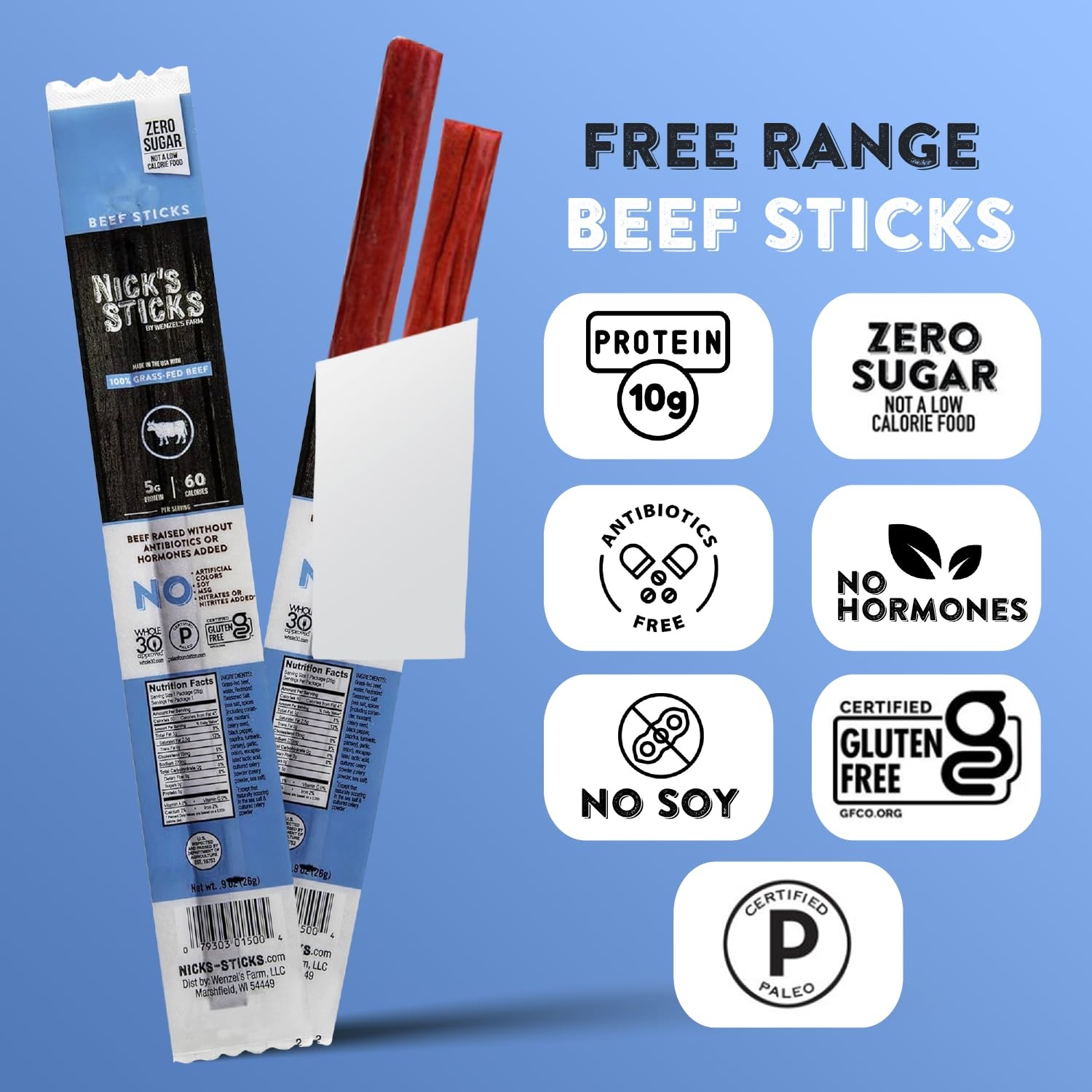 Nick’s Sticks Clean & Balanced 100% Grass-Fed Beef 1.7 Ounce (Pack of 6)