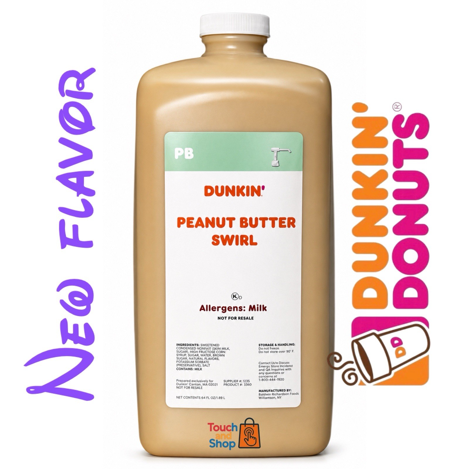 Dunkin Peanut Butter Swirl 64FL OZ / 1.89 L, NO Pump, New Flavor