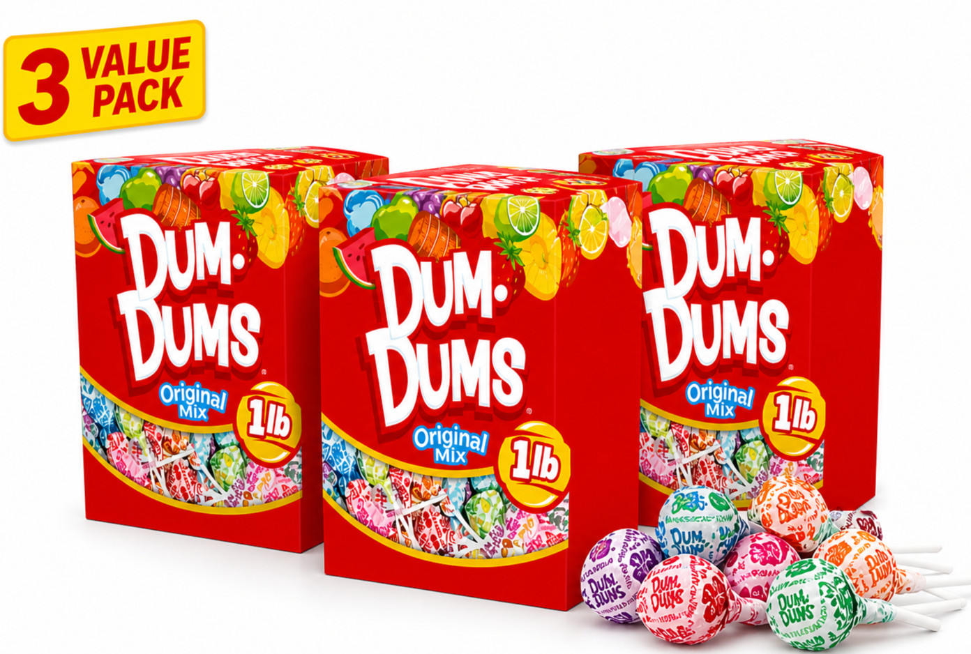 Dum Dums Lollipops 3 PACK Original Mix Bulk Hard Candy Assorted Flavors