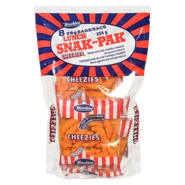 Hawkins Cheezies 224g (8 x 28g Bags) Lunch Snak-Pak Corn Snacks Real Cheddar CDN