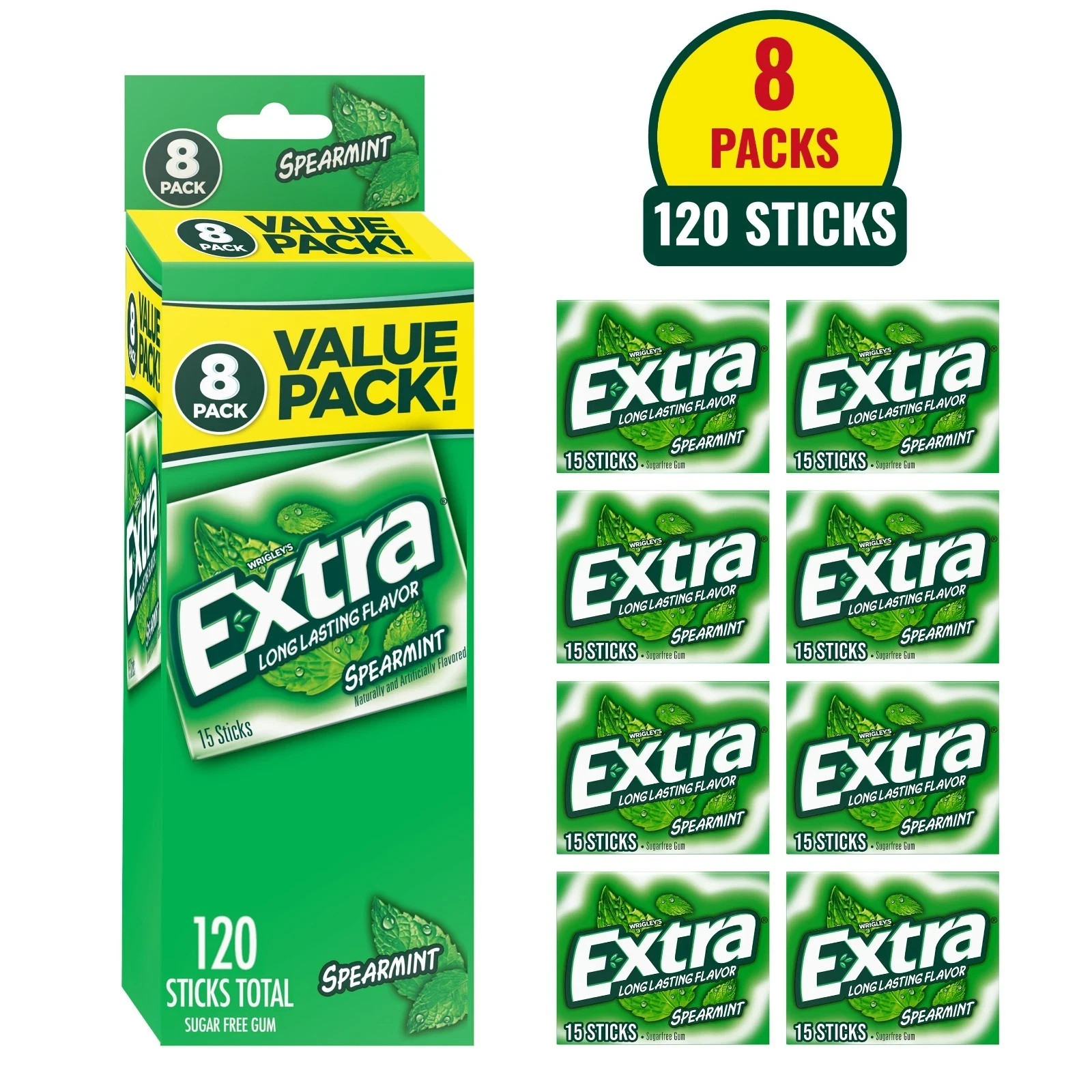 Extra Spearmint Sugar Free Gum Back To School Chewing Gum, 8 Pack.