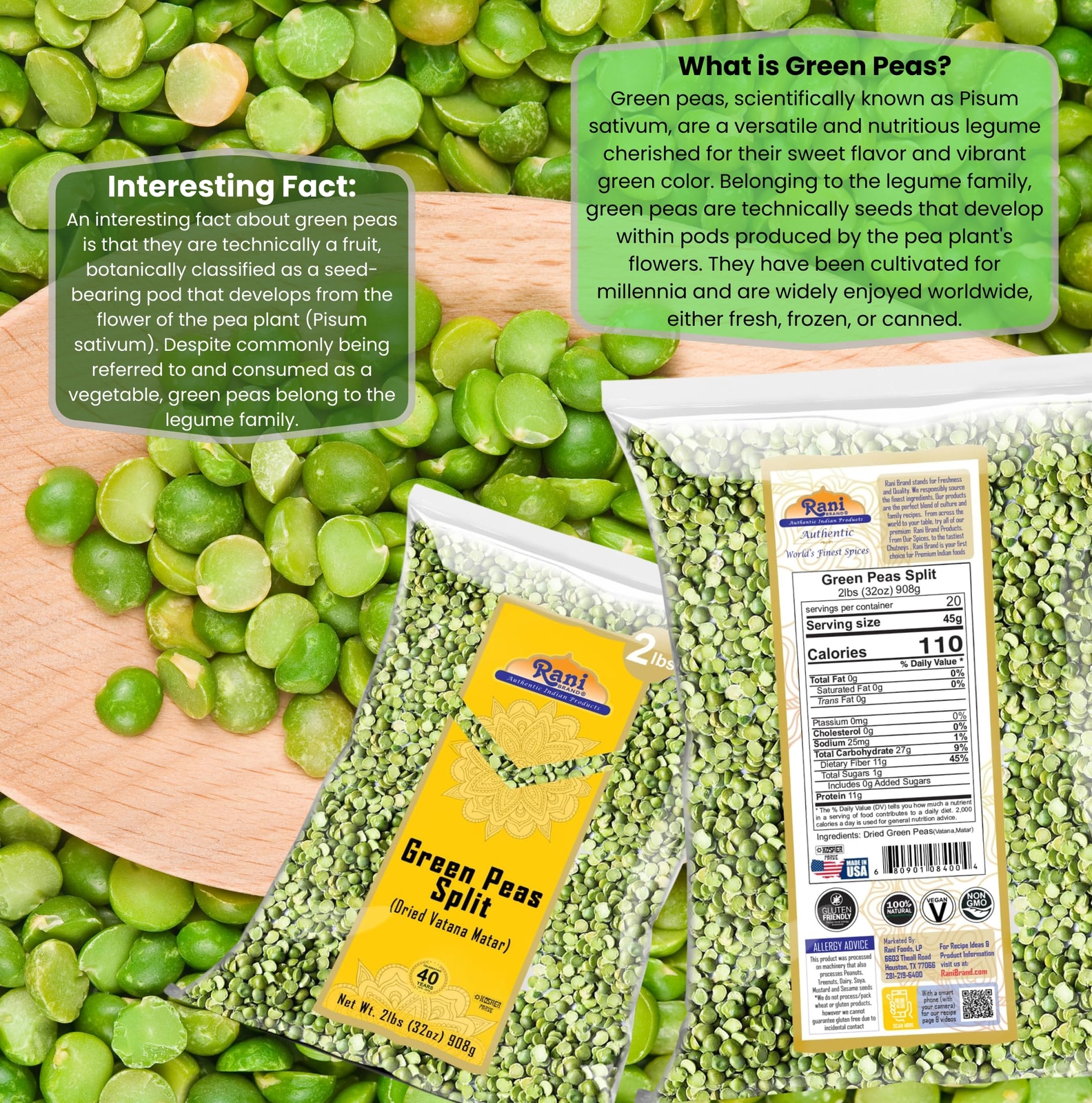 Rani Green Peas Split, Dried (Vatana, Matar) 32oz (2lbs) 907g