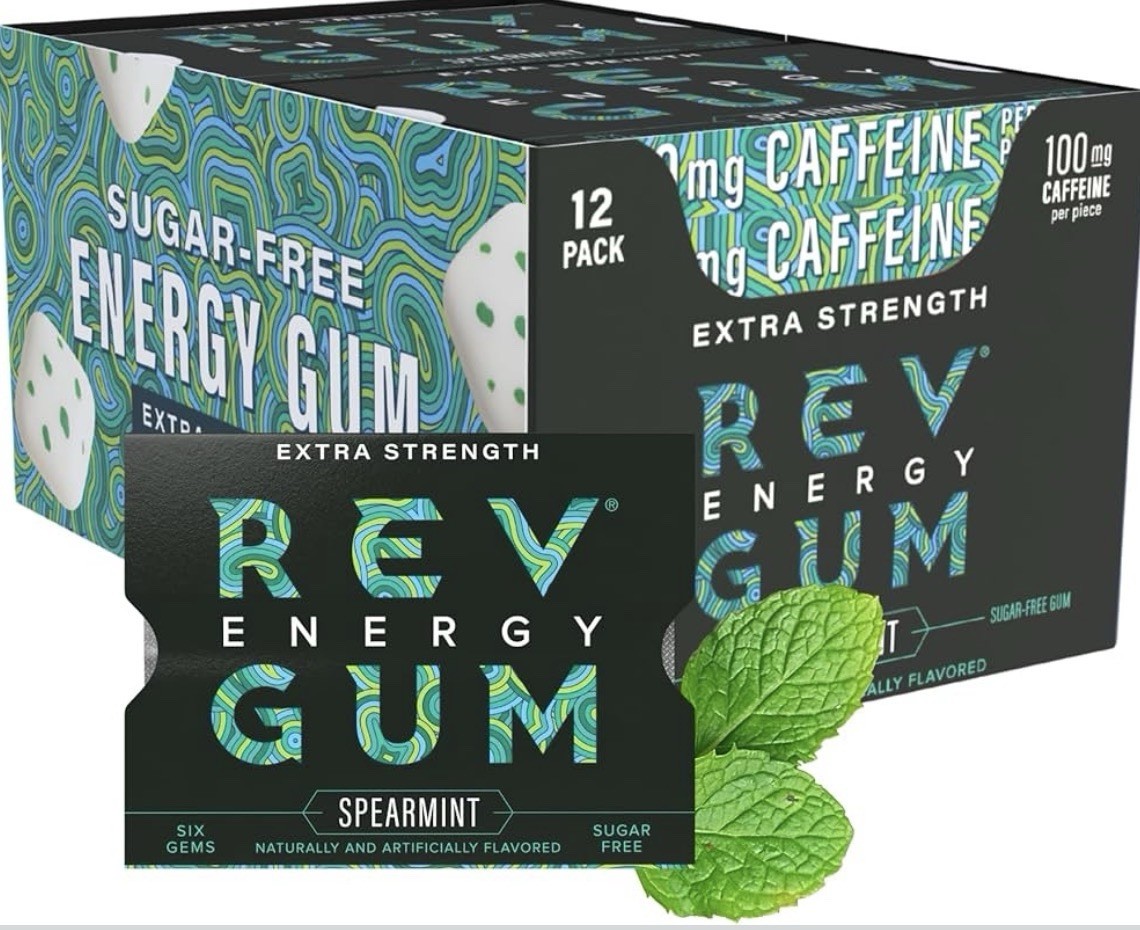 Rev Energy Gum 100mg of Caffeine – Sugar Free Spearmint, 12 Pack 72 Pieces Total