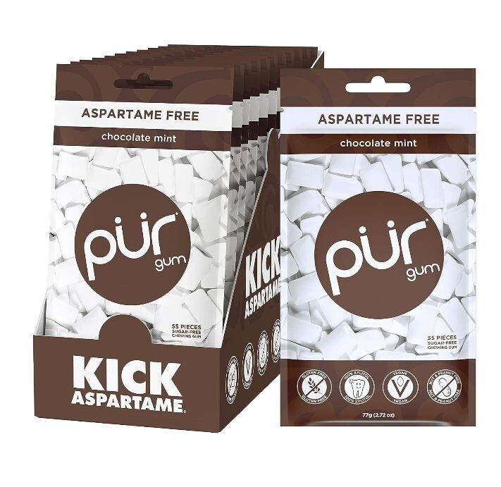 PUR Xylitol Chewing Gum CHOCOLATE MINT (55 Pieces, 12 Pack) Sugarless Vegan Pure