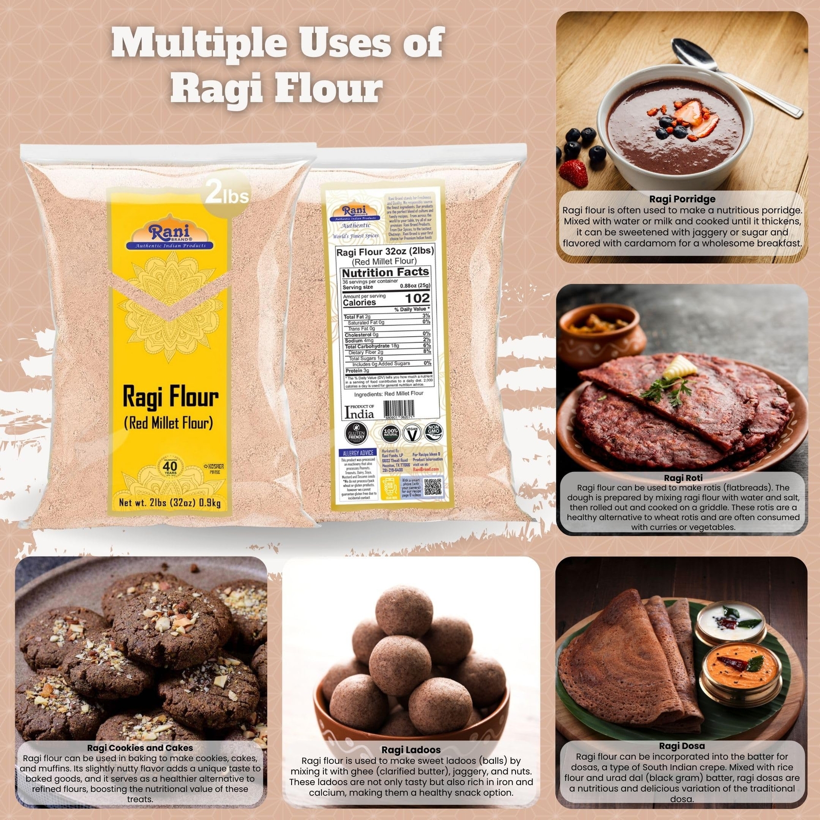 Rani Raggi Flour (Finger Millet) 2 Pound, 2lbs (32oz) Bulk