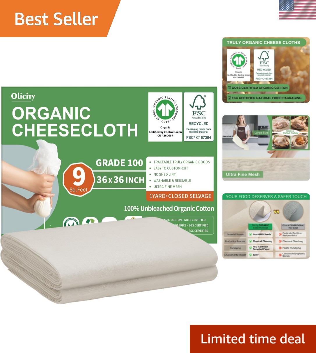 Organic Cheese Cloths, GOTS Certified, Grade 100, 36x36Inch, Reusable Cheese …