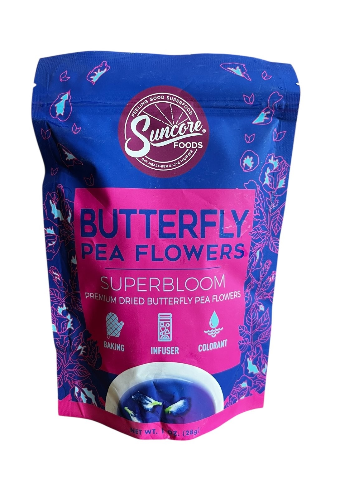 Suncore Foods Butterfly Pea Flowers SuperBloom Dried 1 oz Natural Colorant