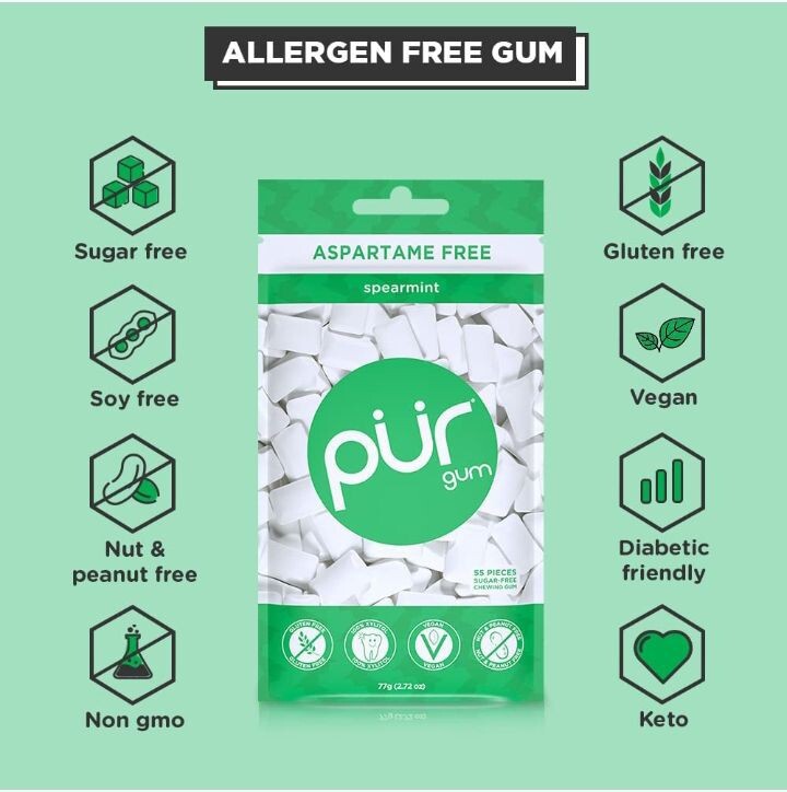 PUR Xylitol Chewing Gum 4 Flavor Variety (55 Pieces, 4 Pack) Sugarless Vegan