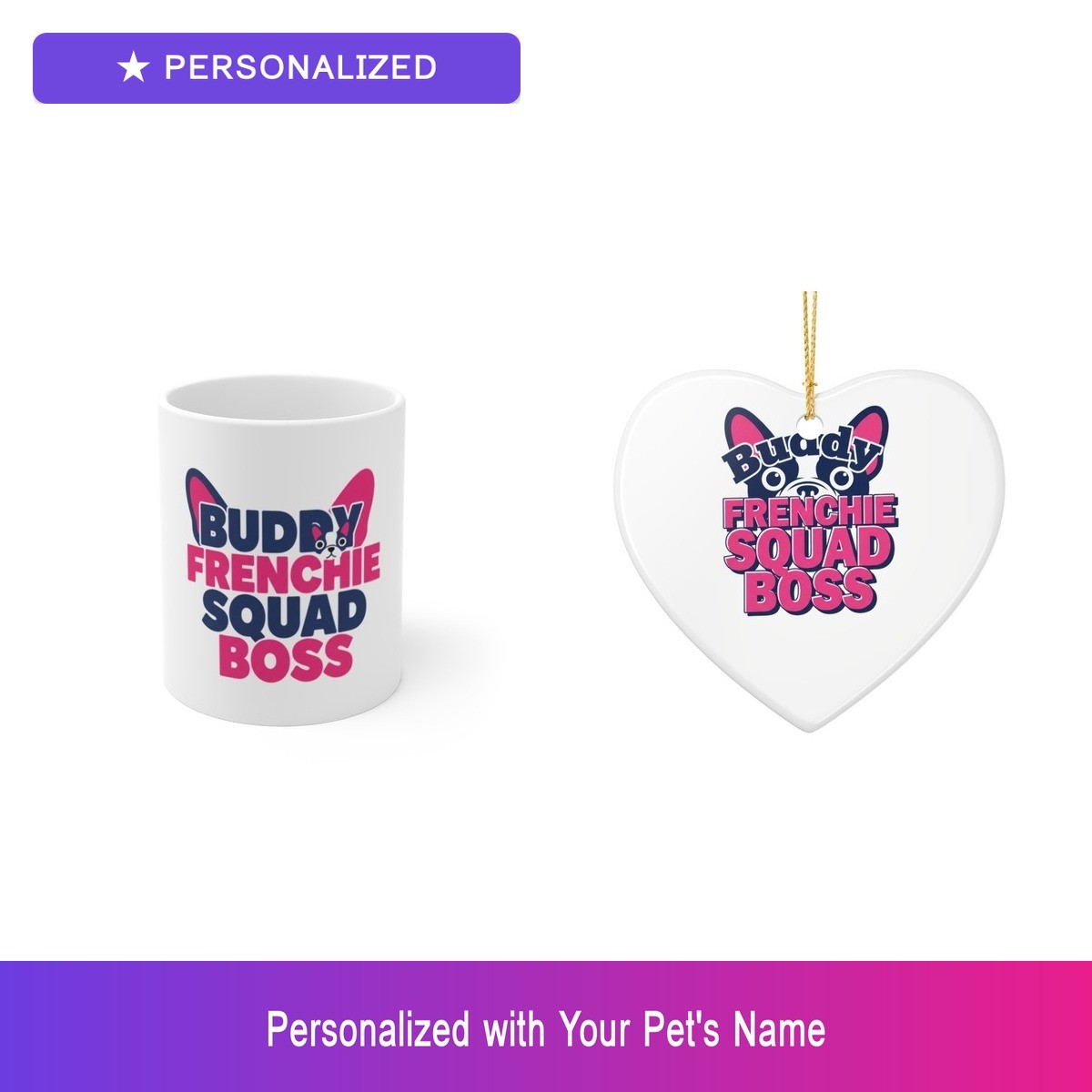 Custom French Bulldog Frenchie Gift Set Mug Ornament Personalized Pet Name