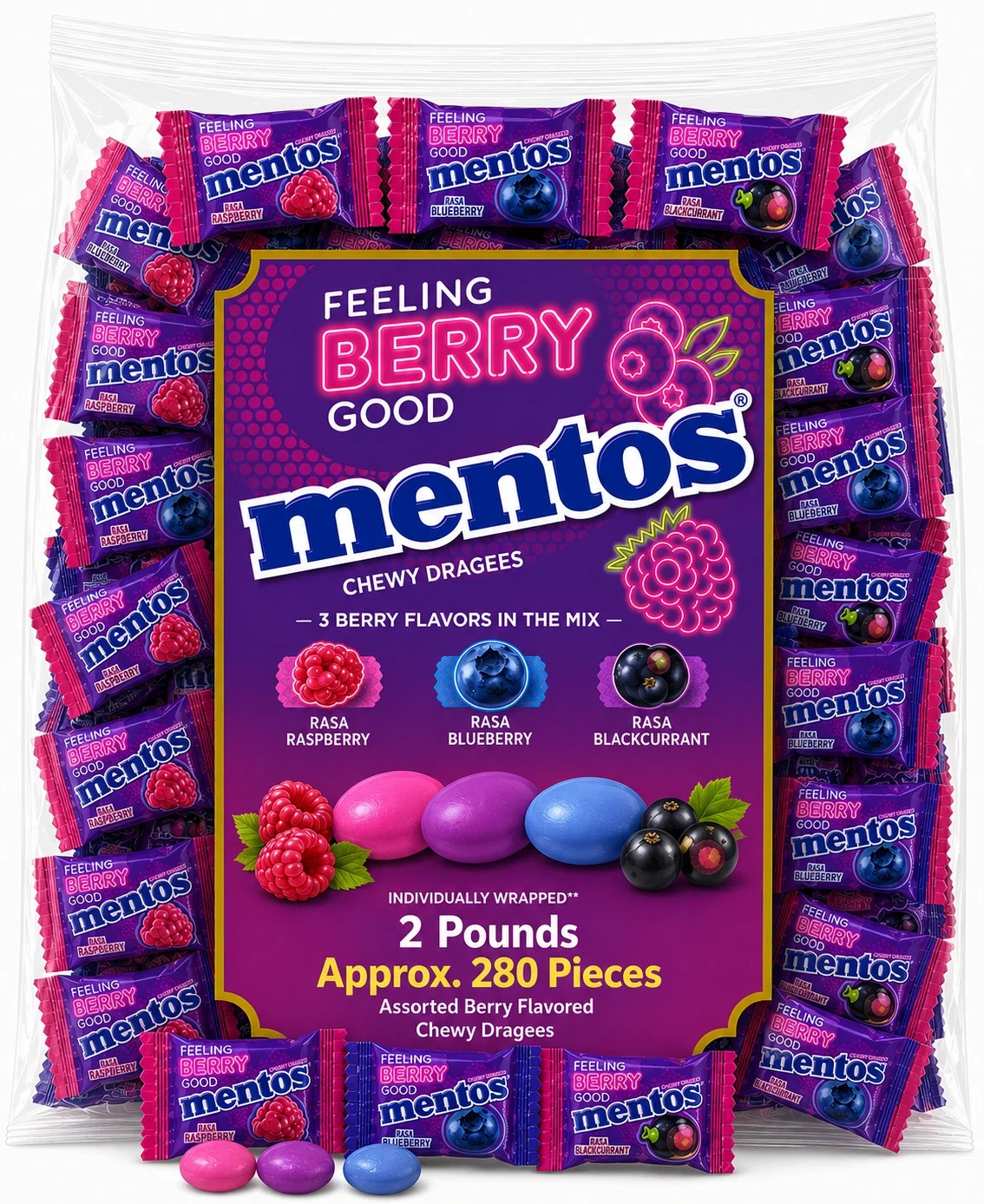 Mentos Feeling Berry Good Fruit Flavors, Wrapped Fun Size Chewy Candy (2 Pounds)