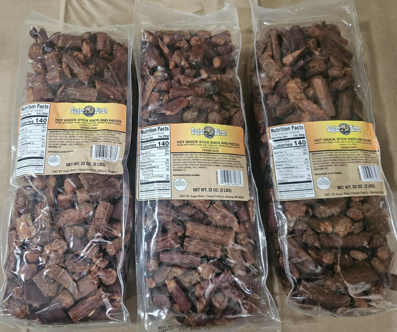 3 X 2LB/ea SUGAR RIVER *HOT* Meat Snack Sticks Sealed bag «loose» EXP 12.1.26