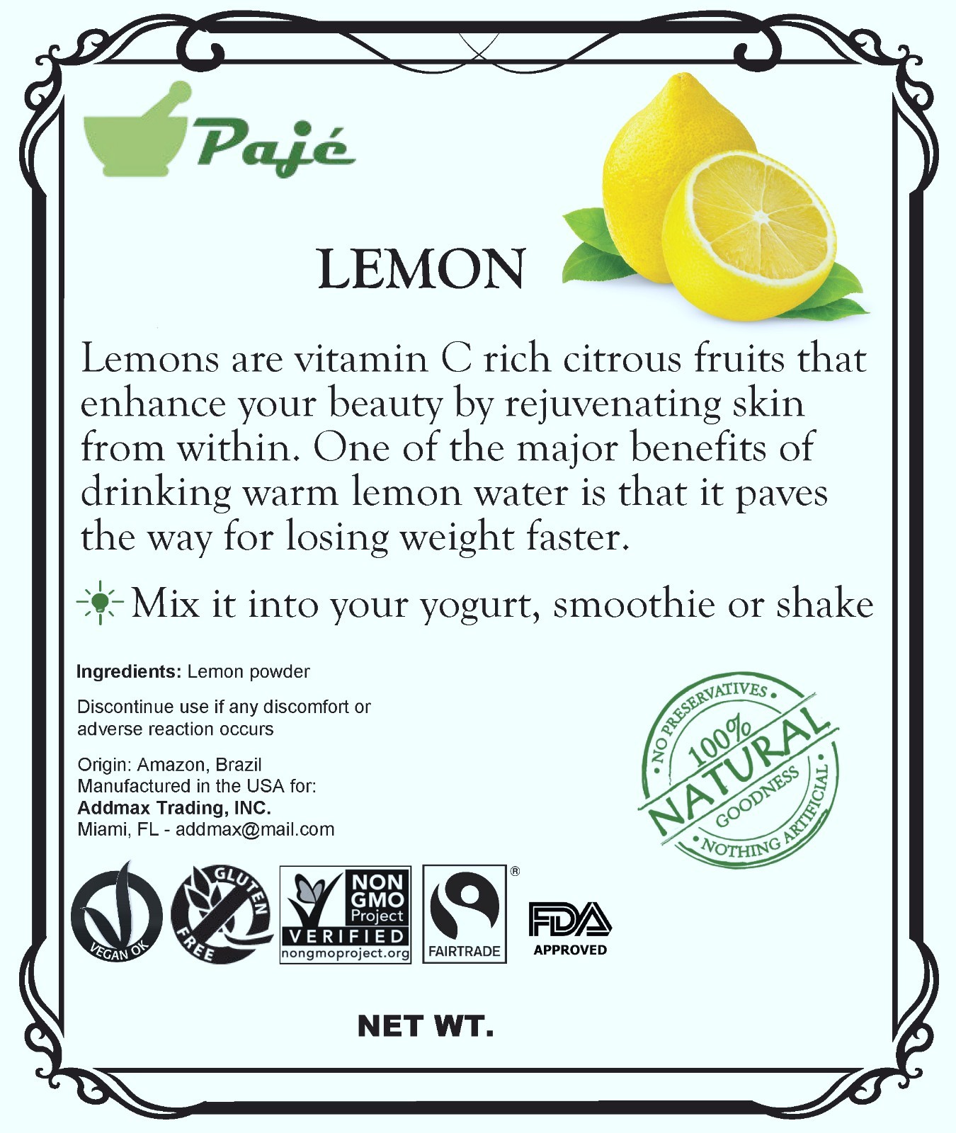 Lemon fruit powder 32oz 2lb – quick lemon juice mix well in water, vit C – PAJE