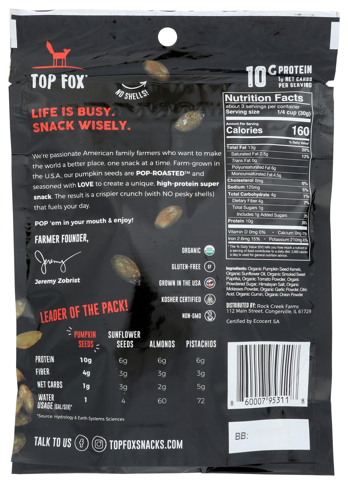 Top Fox Bbq Pop Roasted Pumpkin Seeds Organic Protein Snack 3.5 Oz 6 Pack