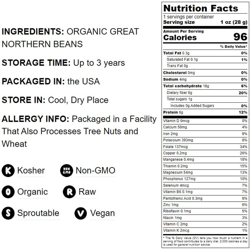 Organic Great Northern Beans – Dried, Non-GMO, Kosher, Raw, Sproutable, Bulk