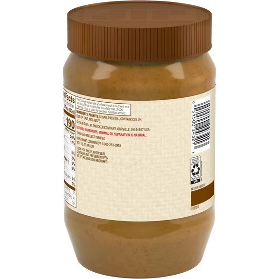 Jif Natural Creamy Peanut Butter Spread, Made with 90% Peanuts, 40 oz Jar