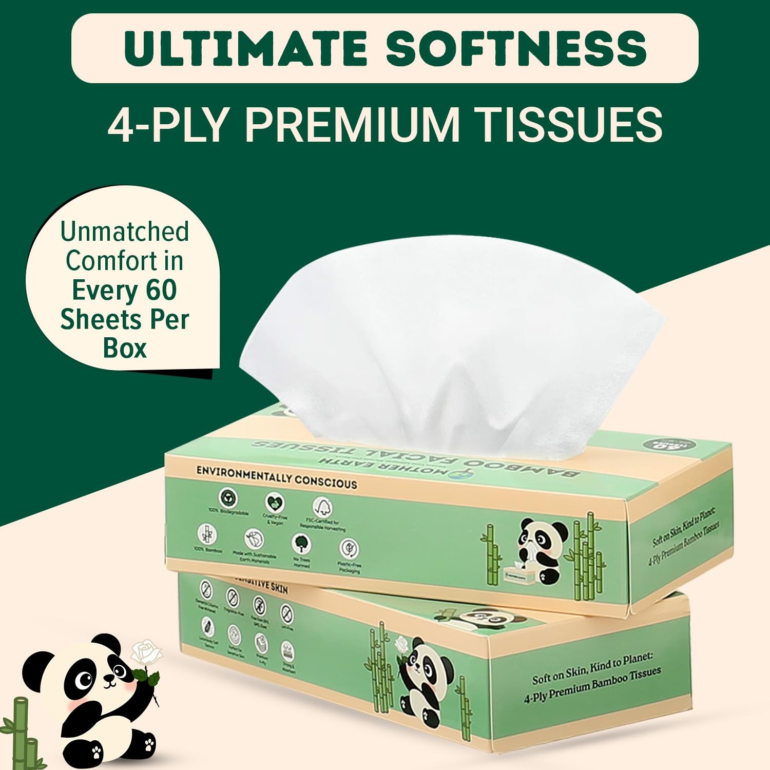 Mother Earth Bamboo Facial Tissue 4-Ply Flat Box Hypoallergenic Septic-Safe
