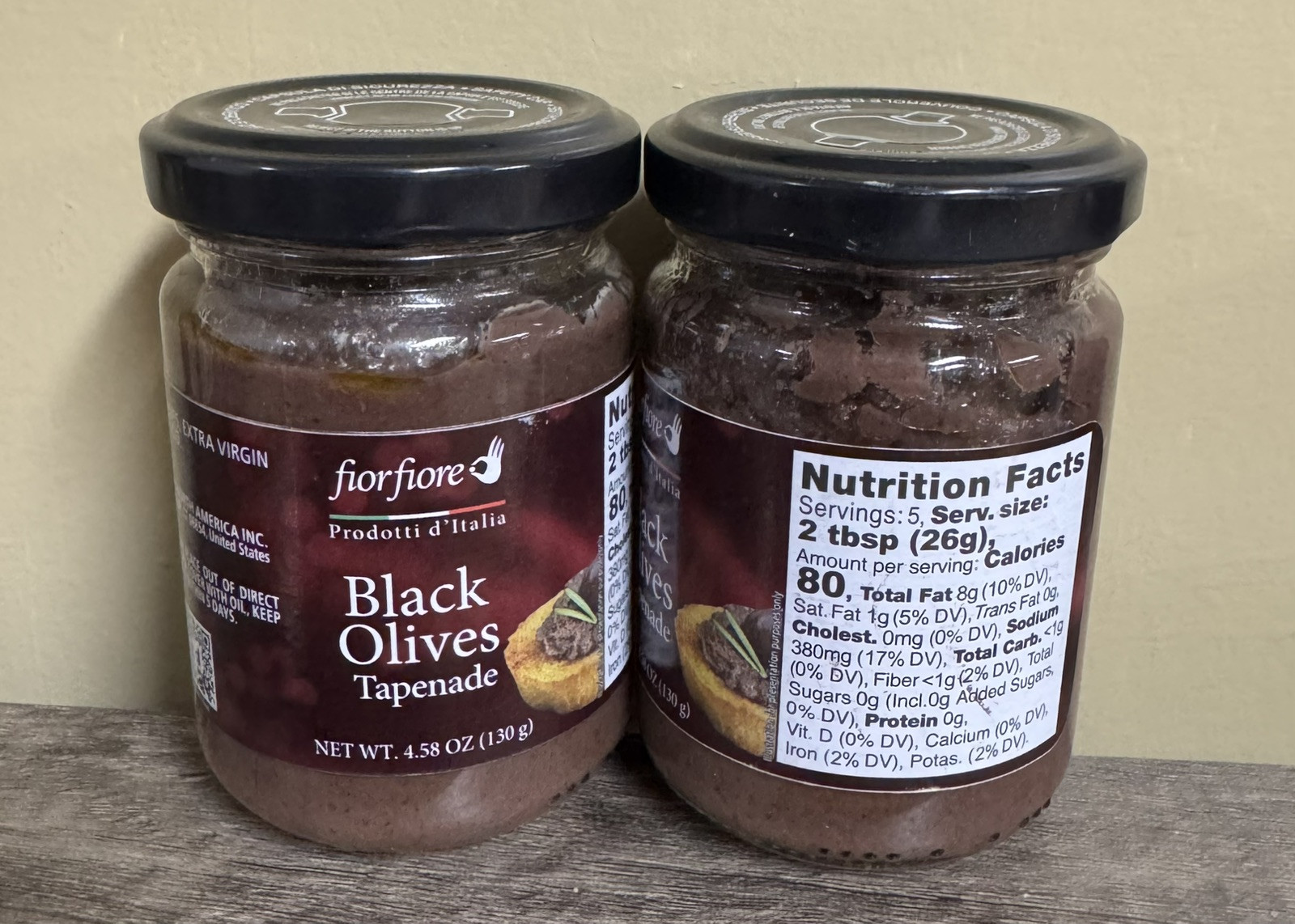 2 Jars Fiorfiore Black Olive Tapenade Pate, 130g/4.6 oz Each