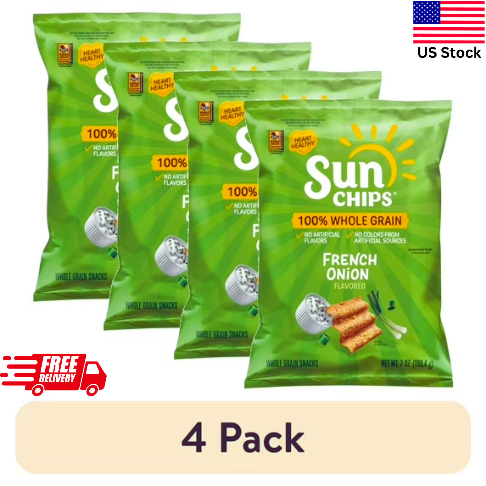 4-Pack SunChips French Onion Whole Grain Snacks – 7oz Bags – Healthy Snack Set