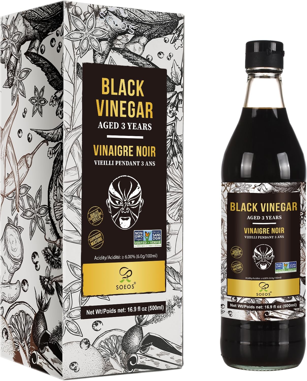 Soeos Chinkiang Vinegar 16.9 fl oz (500ml), 3 Years Aged, Naturally Fermented, M