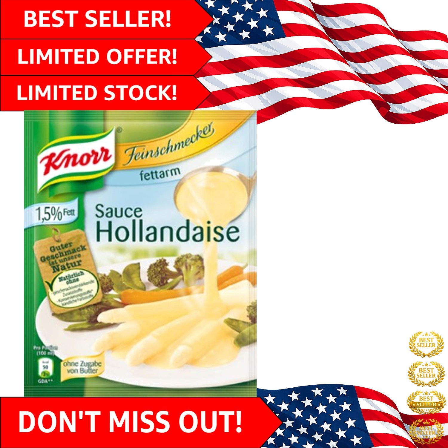 Feinschmecker Low-Fat Hollandaise Sauce – 3 Gourmet Pouches, Fat-Free Delight