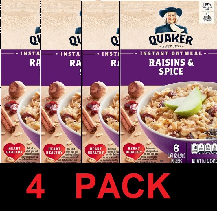 QUAKER Raisins & Spice Instant Oatmeal Whole Grain Oats – 12.1 oz Box – 4 PACK